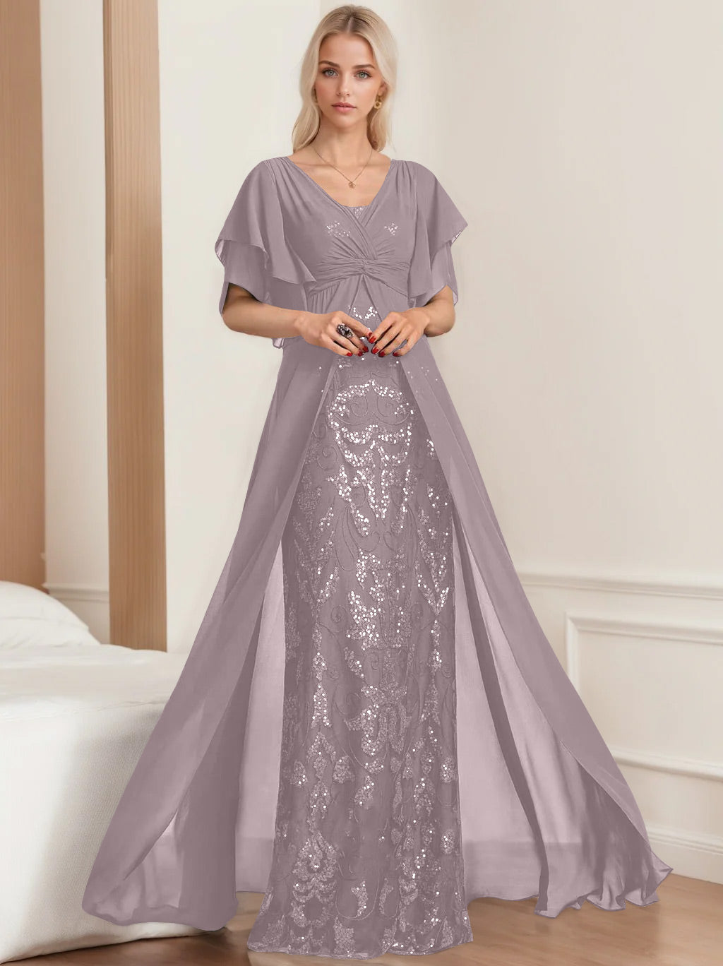 Plus Size Mother of the Bride A Line Long Dress with V Neck and Half Sleeves