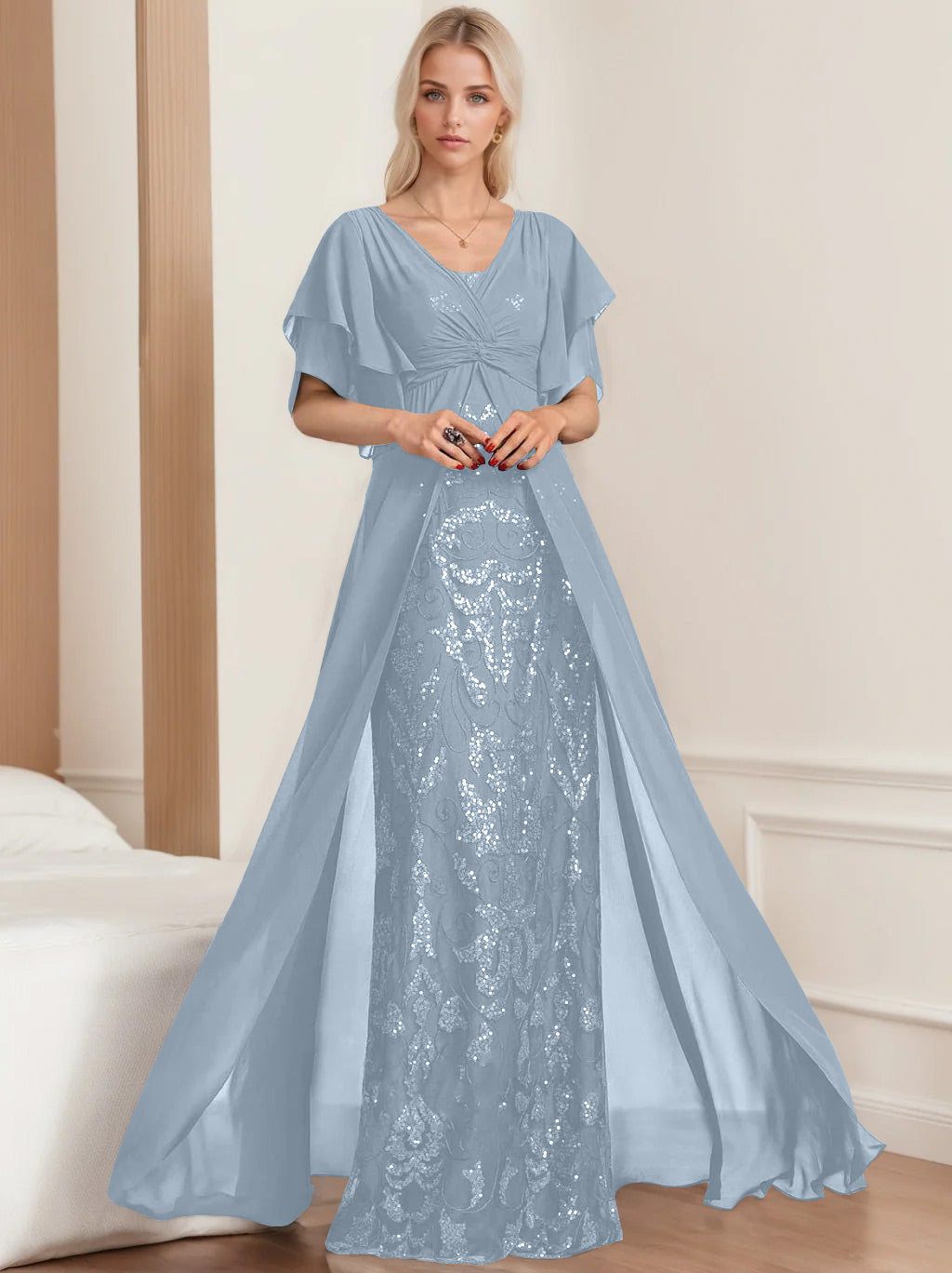 Plus Size Mother of the Bride A Line Long Dress with V Neck and Half Sleeves