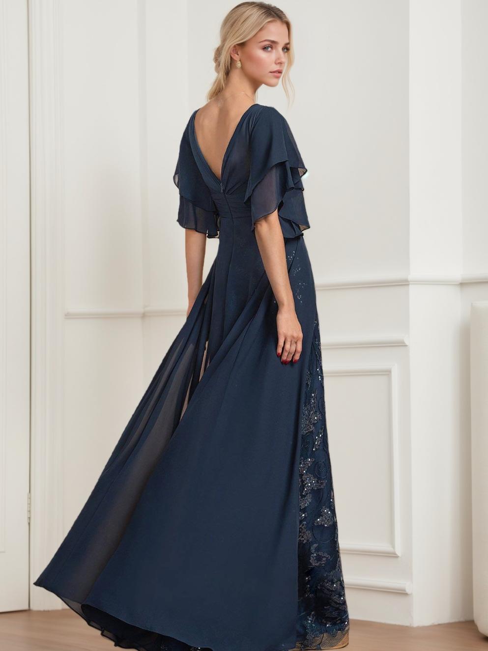 Plus Size Mother of the Bride A Line Long Dress with V Neck and Half Sleeves
