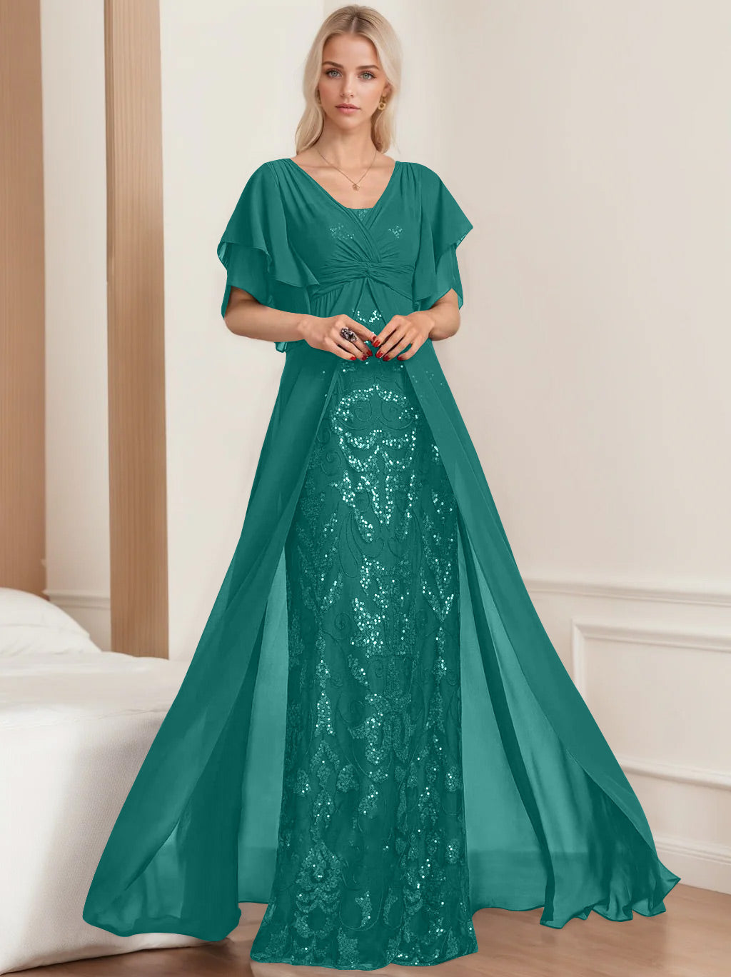 Plus Size Mother of the Bride A Line Long Dress with V Neck and Half Sleeves