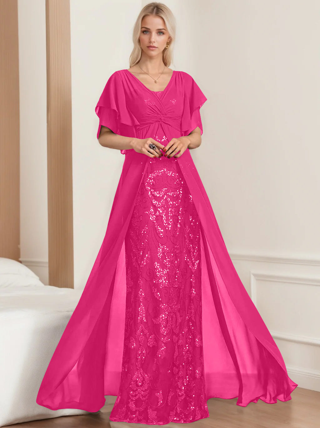 Plus Size Mother of the Bride A Line Long Dress with V Neck and Half Sleeves