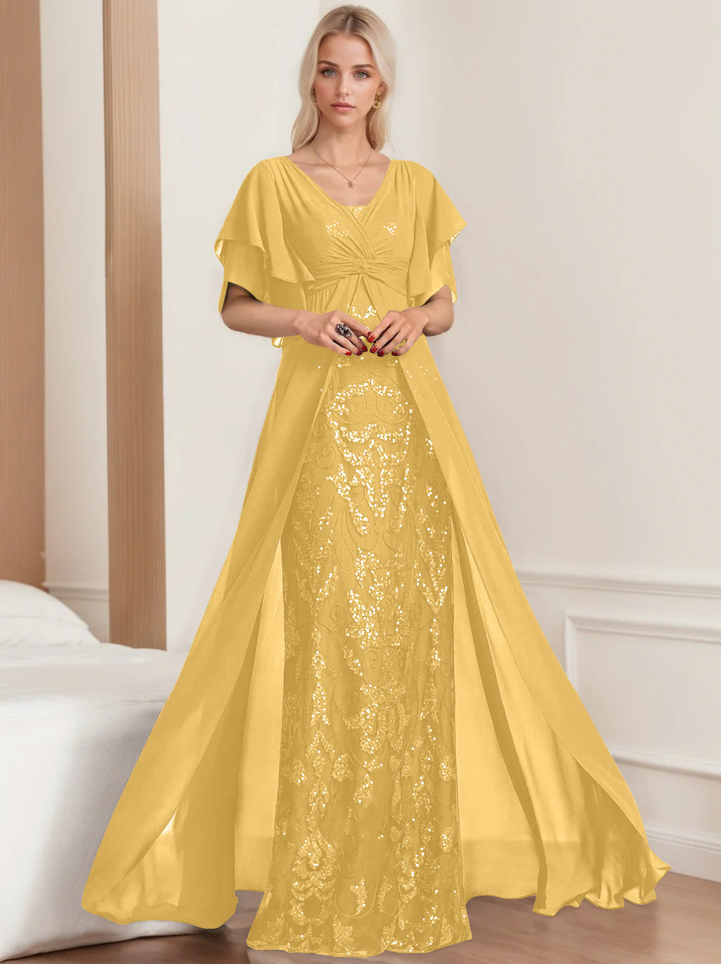 Plus Size Mother of the Bride A Line Long Dress with V Neck and Half Sleeves