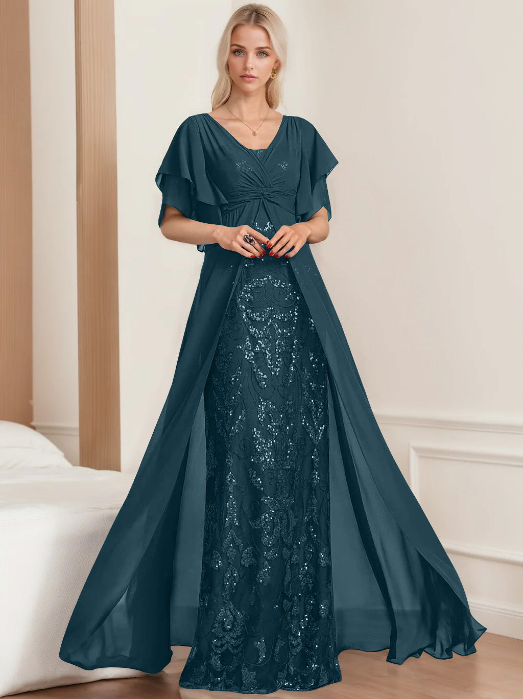 Plus Size Mother of the Bride A Line Long Dress with V Neck and Half Sleeves