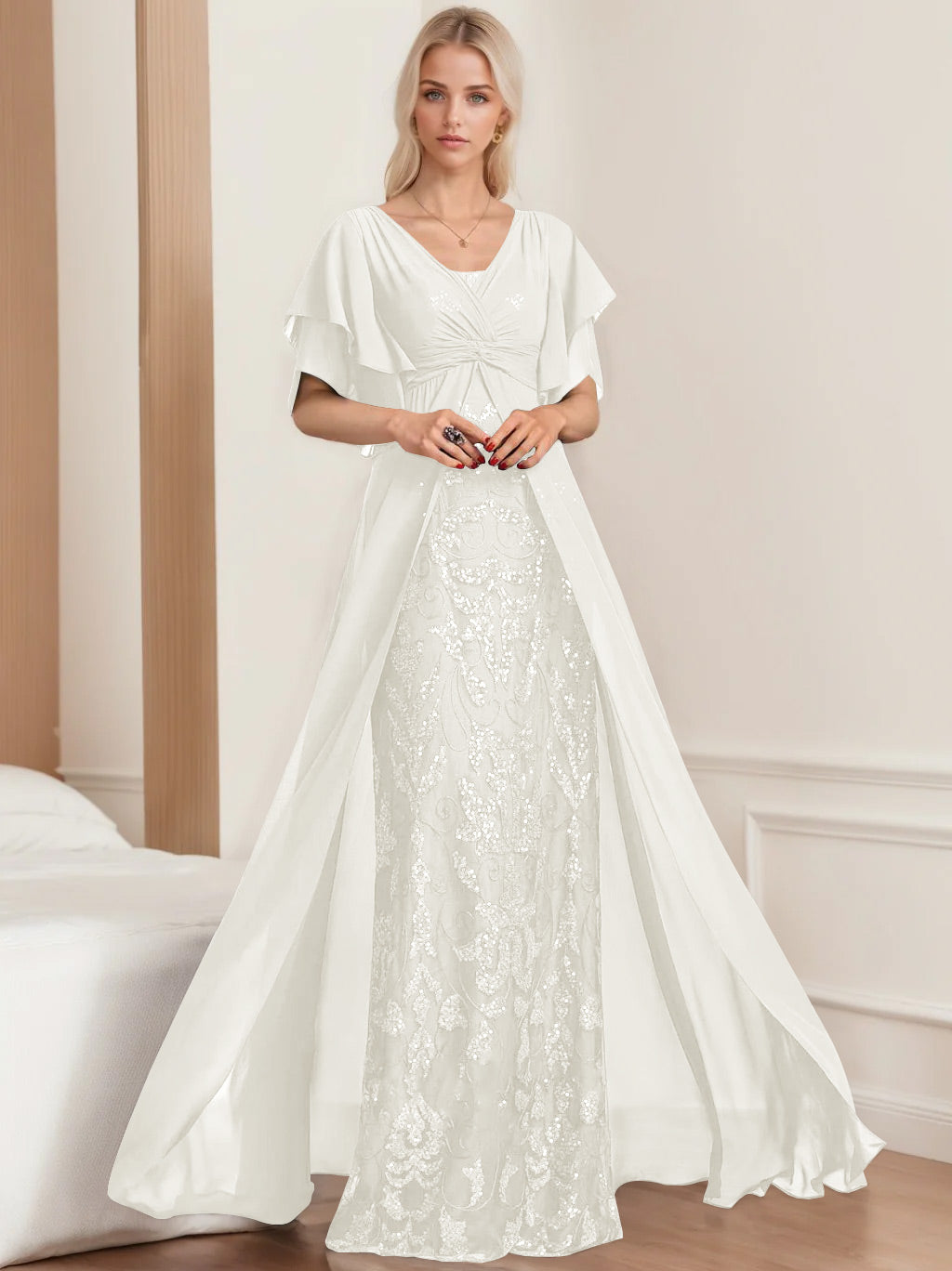 Plus Size Mother of the Bride A Line Long Dress with V Neck and Half Sleeves