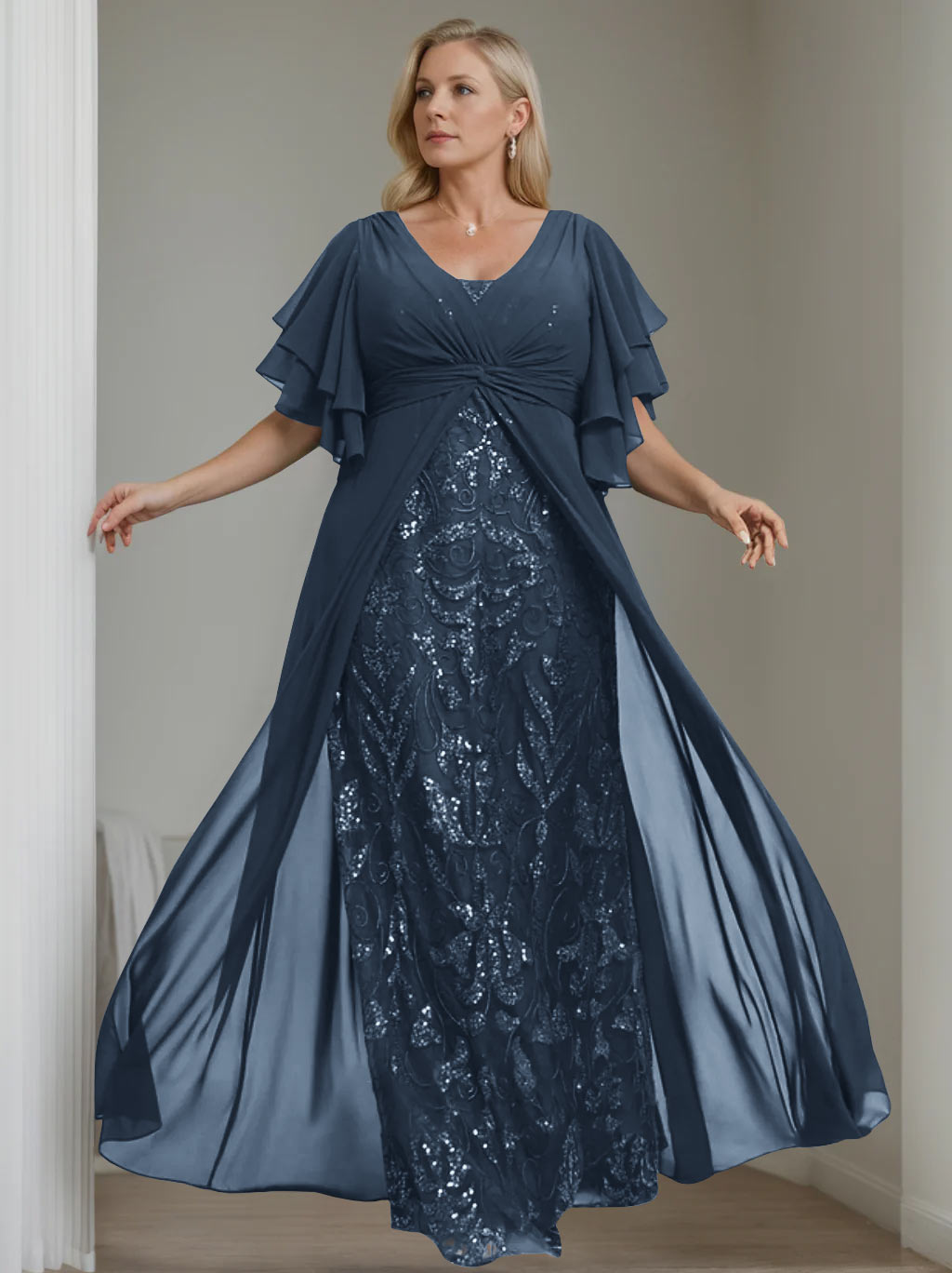 Plus Size Mother of the Bride A Line Long Dress with V Neck and Half Sleeves