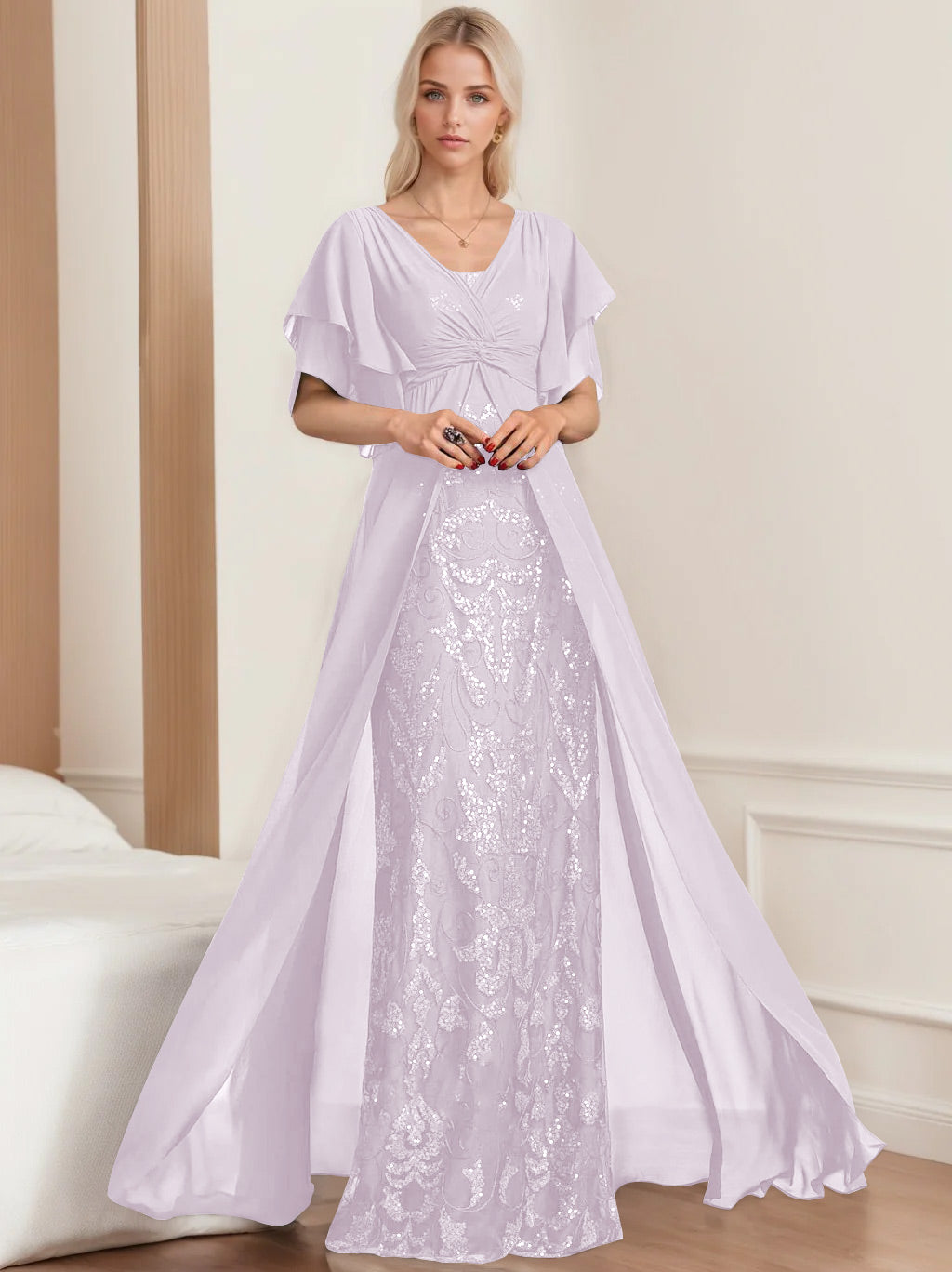 Plus Size Mother of the Bride A Line Long Dress with V Neck and Half Sleeves