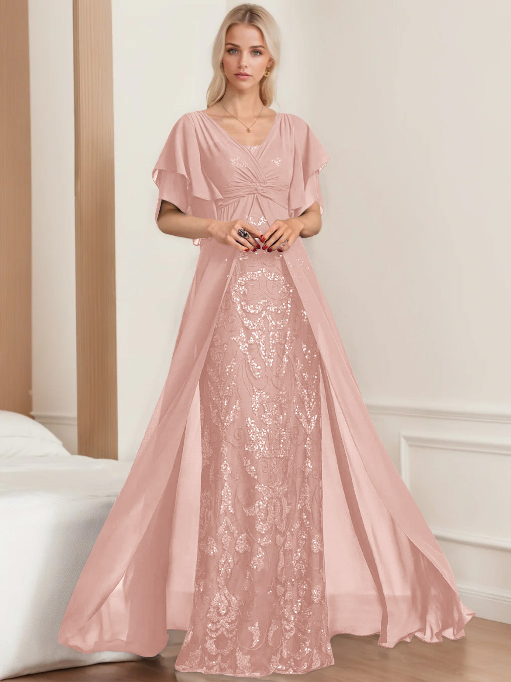 Plus Size Mother of the Bride A Line Long Dress with V Neck and Half Sleeves