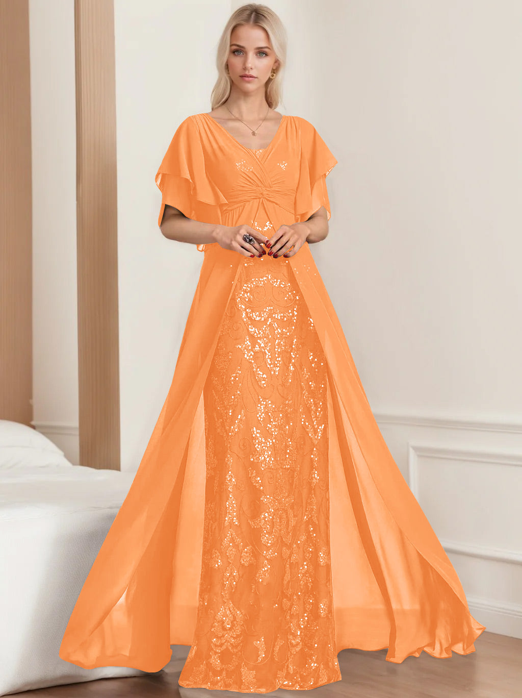 Plus Size Mother of the Bride A Line Long Dress with V Neck and Half Sleeves