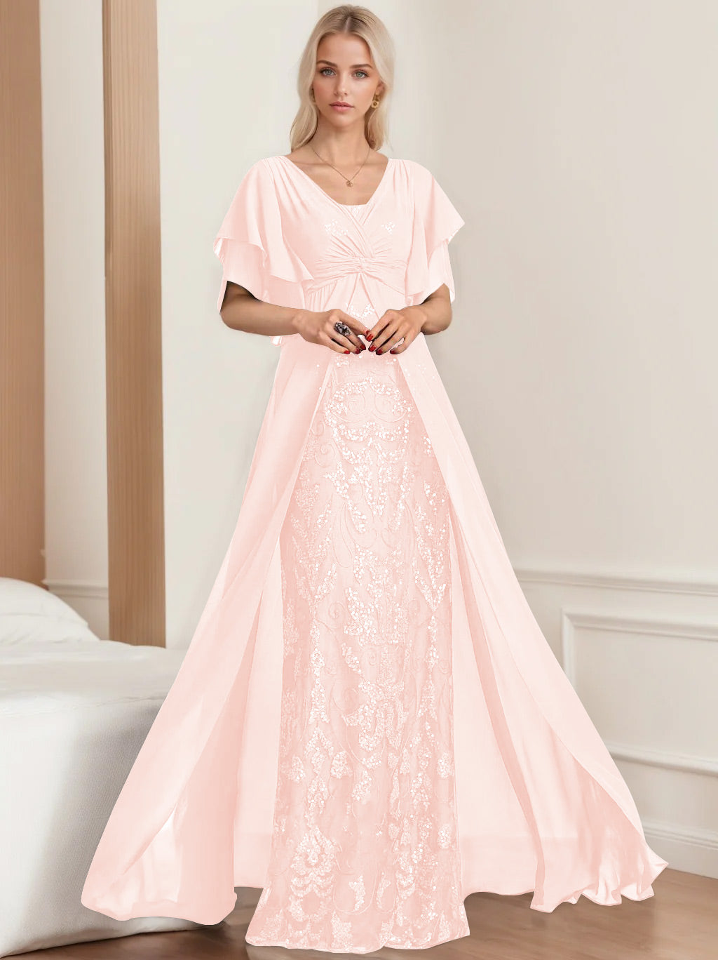 Plus Size Mother of the Bride A Line Long Dress with V Neck and Half Sleeves