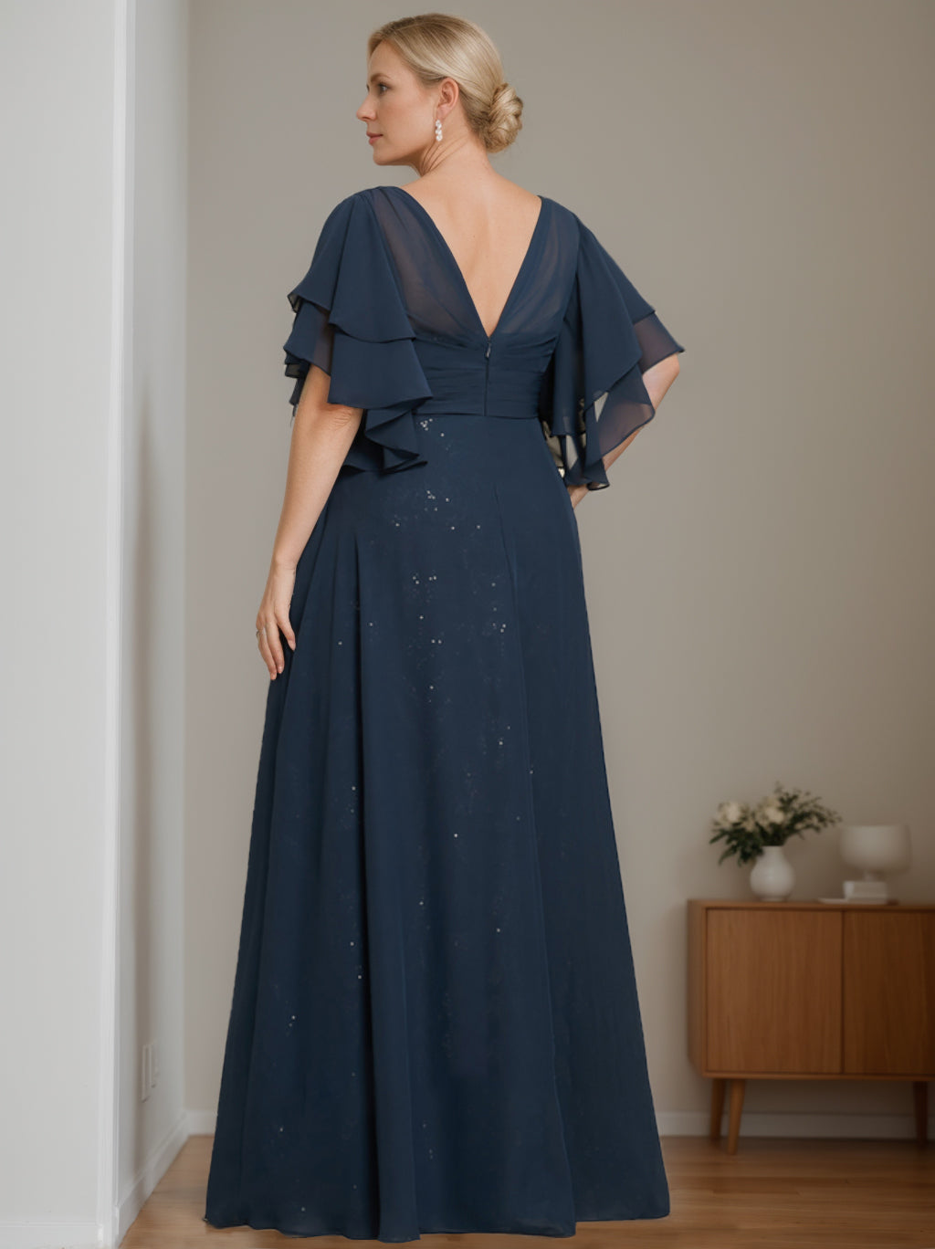 Plus Size Mother of the Bride A Line Long Dress with V Neck and Half Sleeves