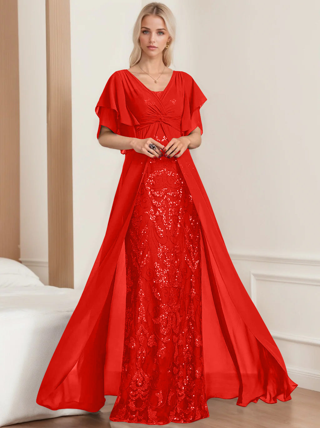 Plus Size Mother of the Bride A Line Long Dress with V Neck and Half Sleeves