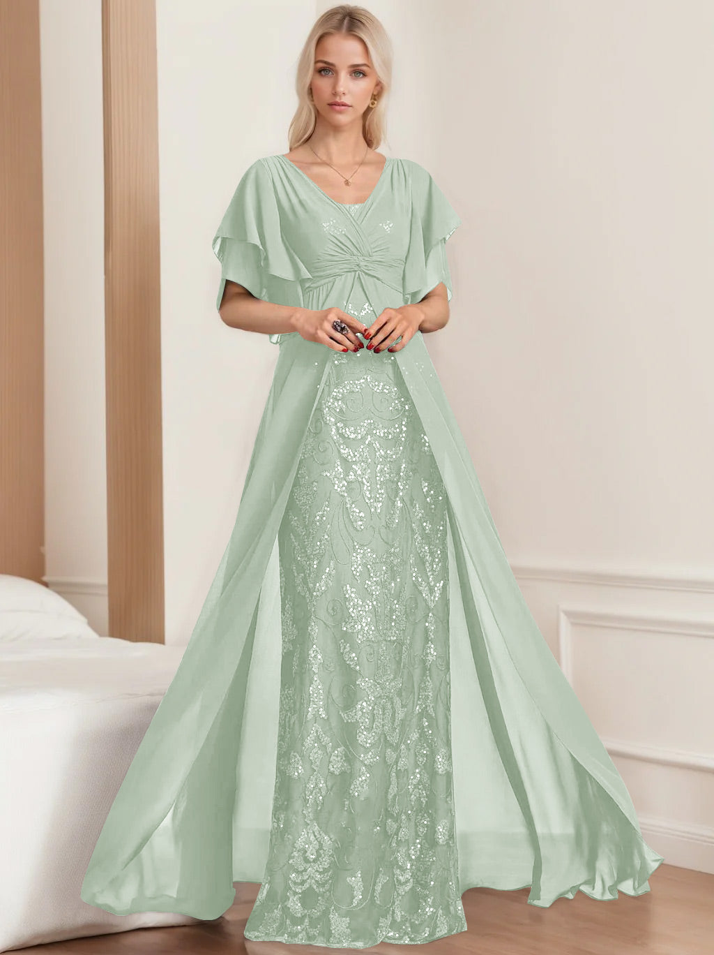 Plus Size Mother of the Bride A Line Long Dress with V Neck and Half Sleeves