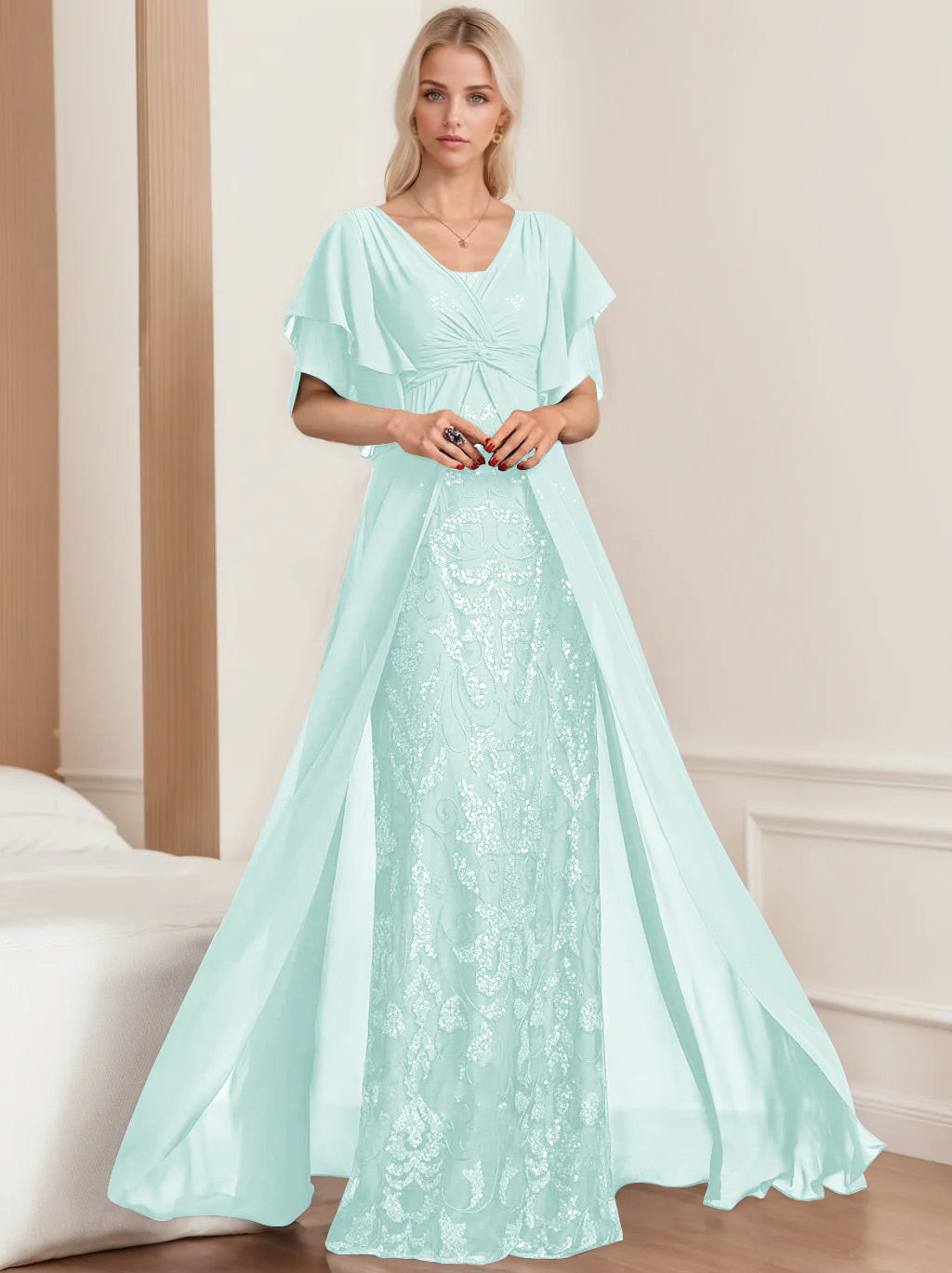 Plus Size Mother of the Bride A Line Long Dress with V Neck and Half Sleeves