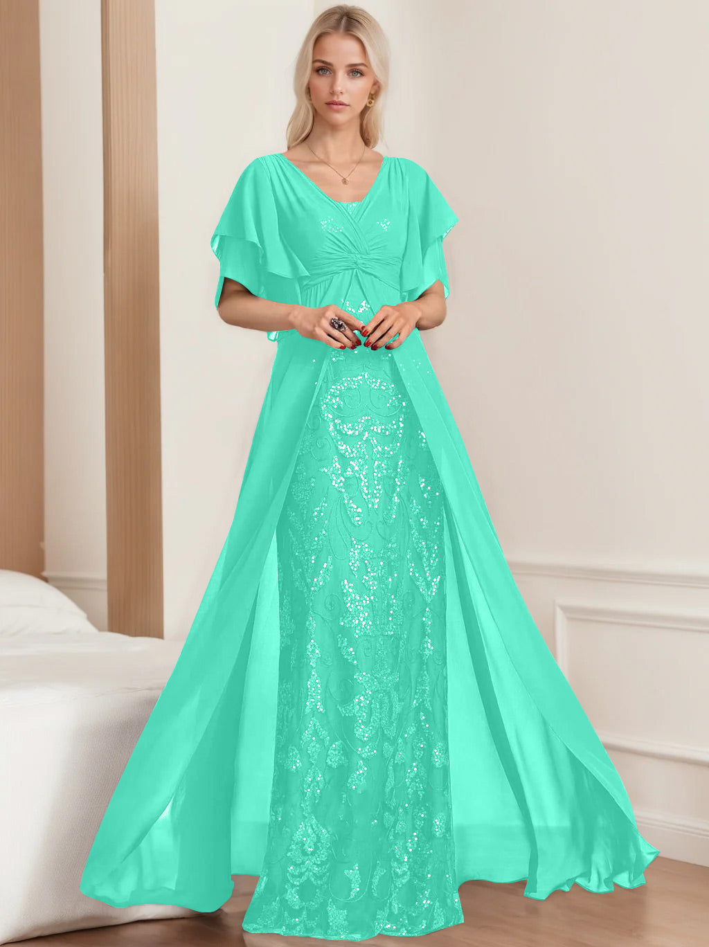 Plus Size Mother of the Bride A Line Long Dress with V Neck and Half Sleeves