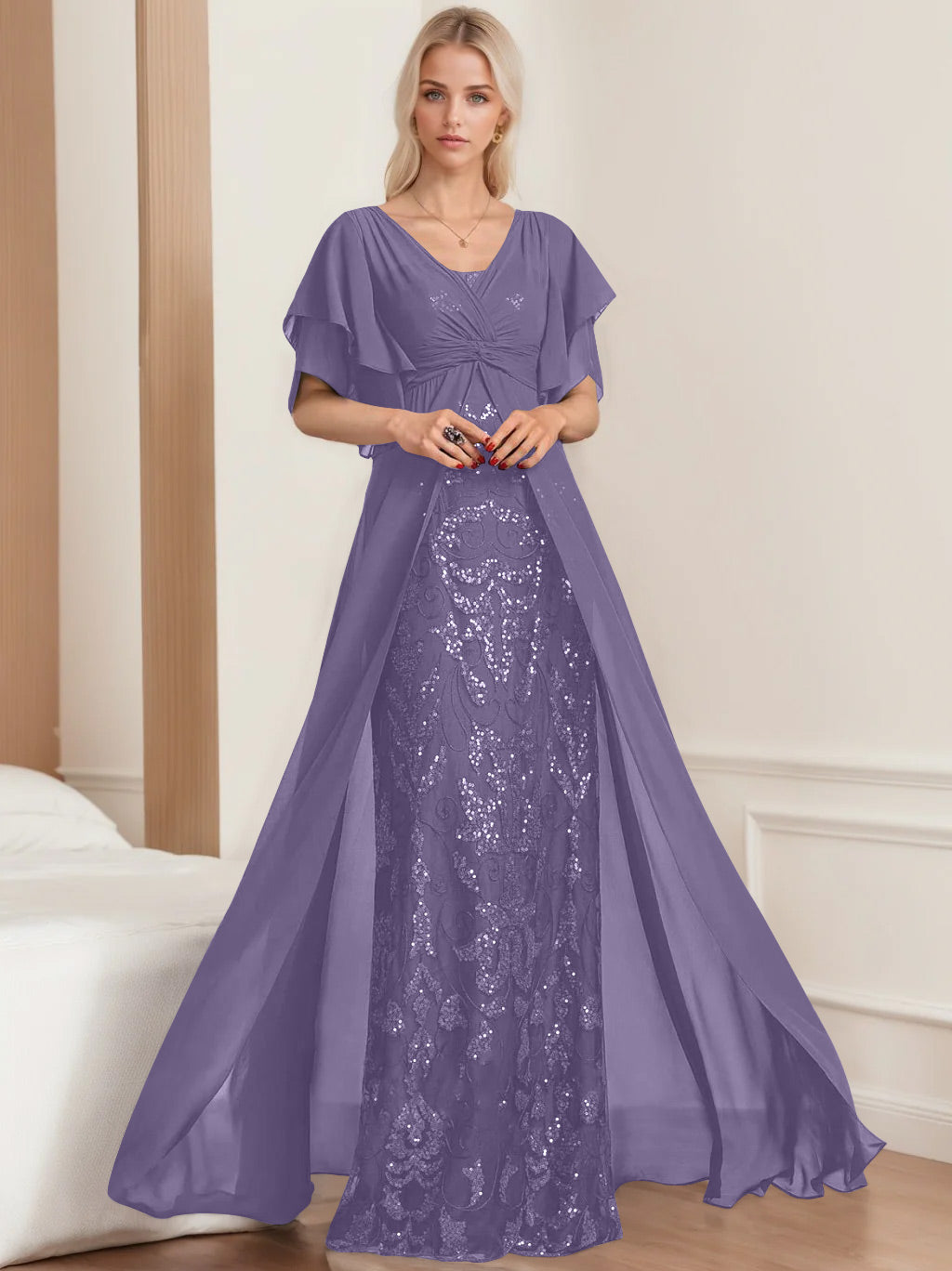 Plus Size Mother of the Bride A Line Long Dress with V Neck and Half Sleeves
