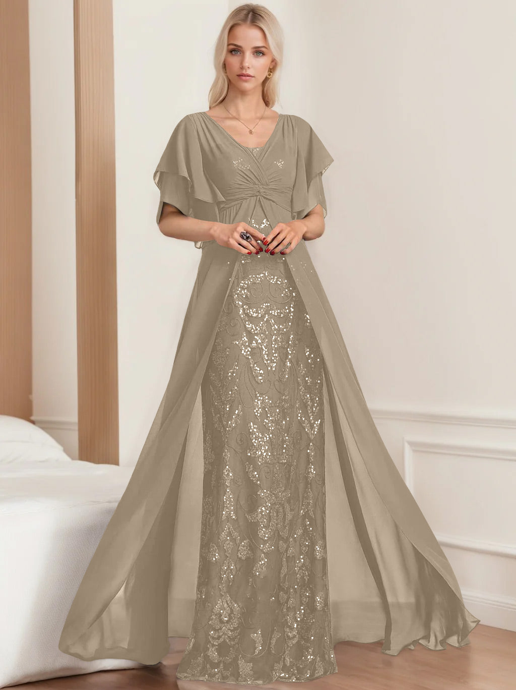 Plus Size Mother of the Bride A Line Long Dress with V Neck and Half Sleeves