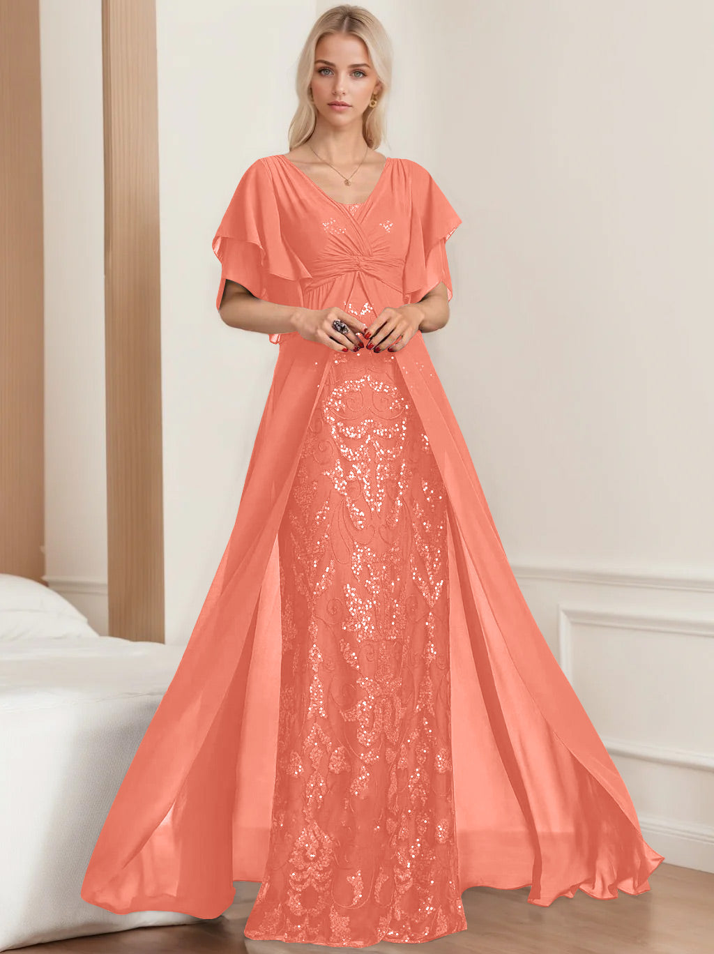 Plus Size Mother of the Bride A Line Long Dress with V Neck and Half Sleeves