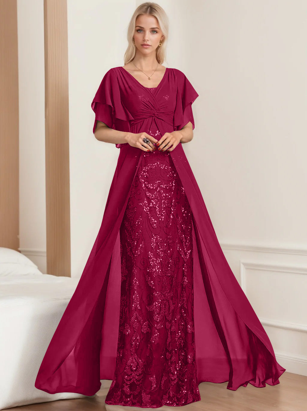 Plus Size Mother of the Bride A Line Long Dress with V Neck and Half Sleeves