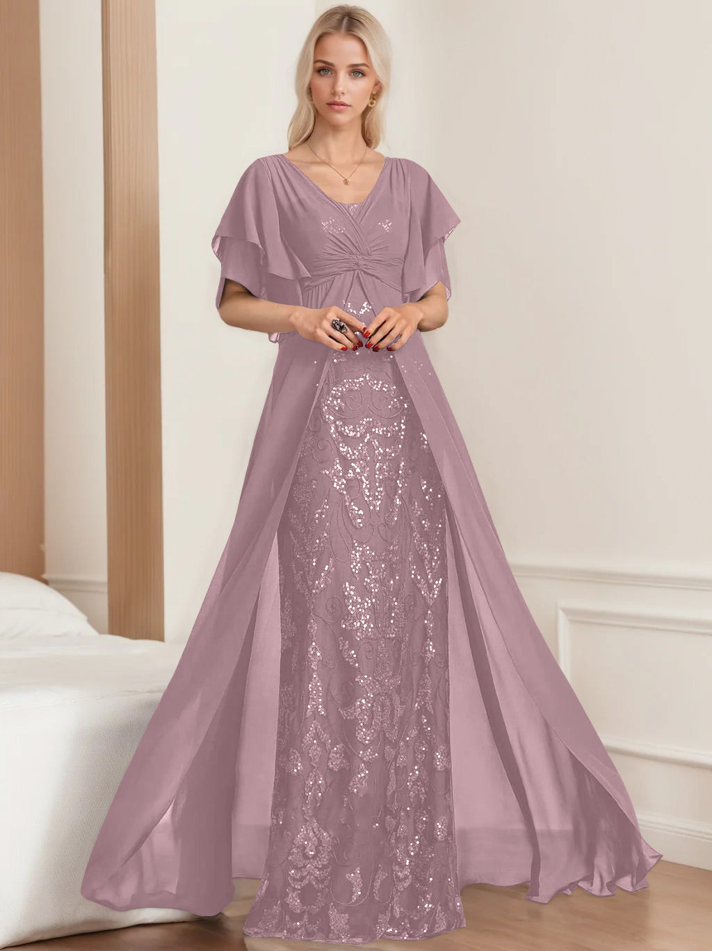 Plus Size Mother of the Bride A Line Long Dress with V Neck and Half Sleeves