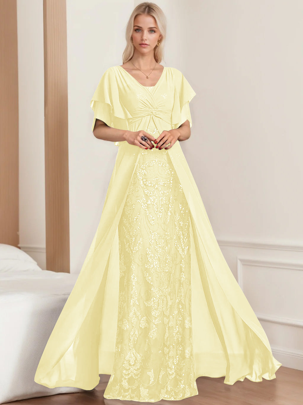 Plus Size Mother of the Bride A Line Long Dress with V Neck and Half Sleeves
