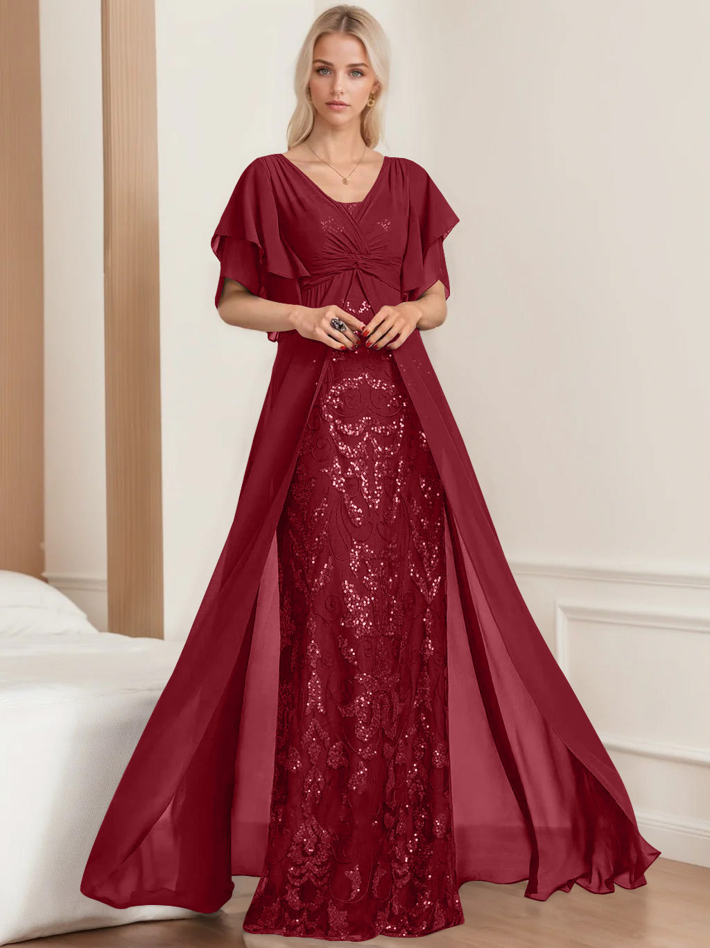 Plus Size Mother of the Bride A Line Long Dress with V Neck and Half Sleeves