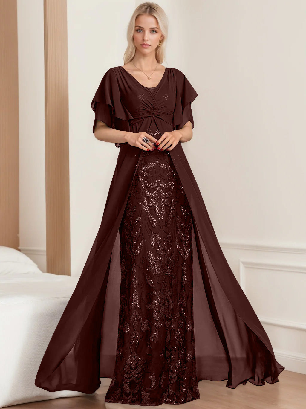 Plus Size Mother of the Bride A Line Long Dress with V Neck and Half Sleeves