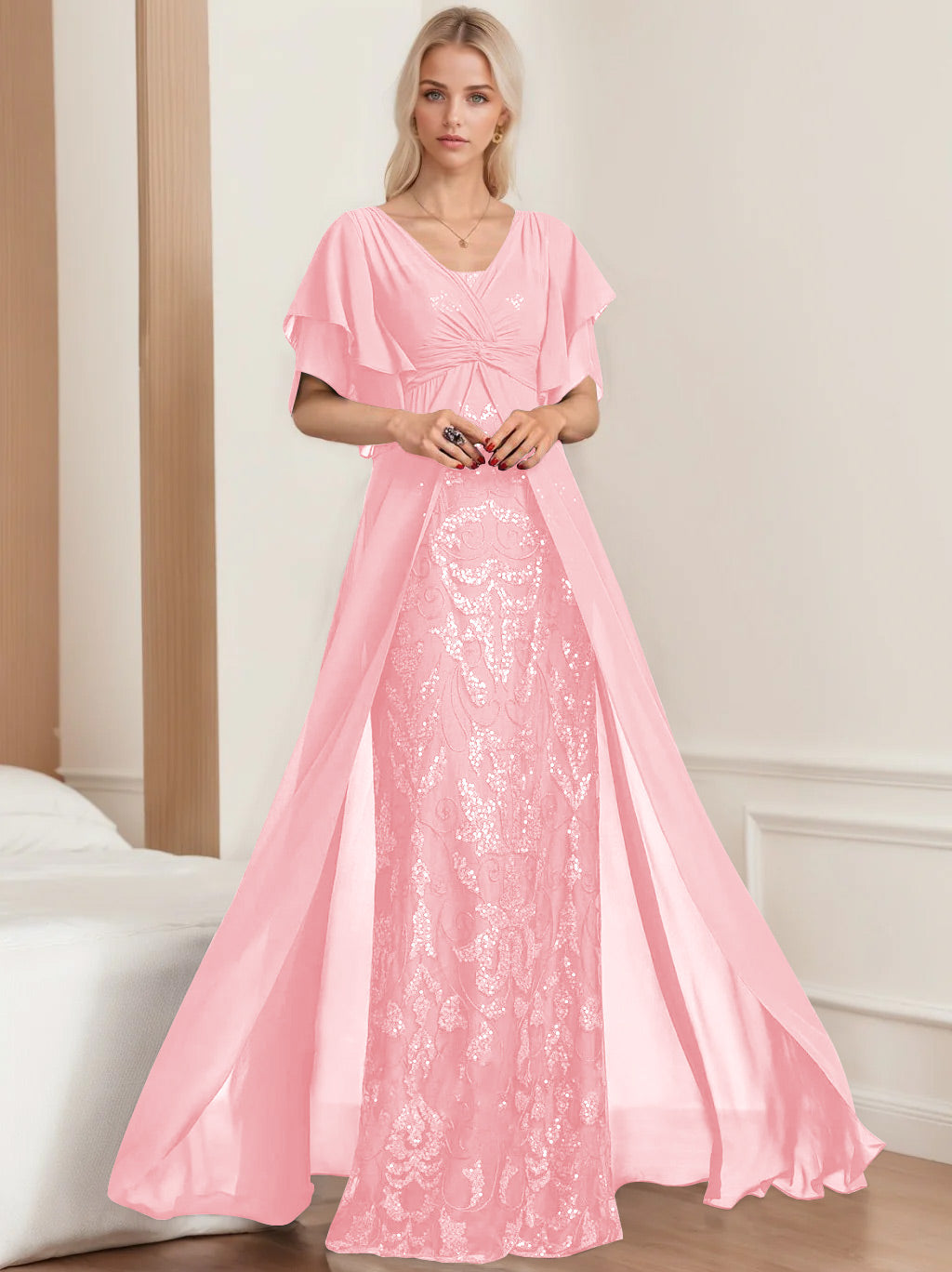 Plus Size Mother of the Bride A Line Long Dress with V Neck and Half Sleeves