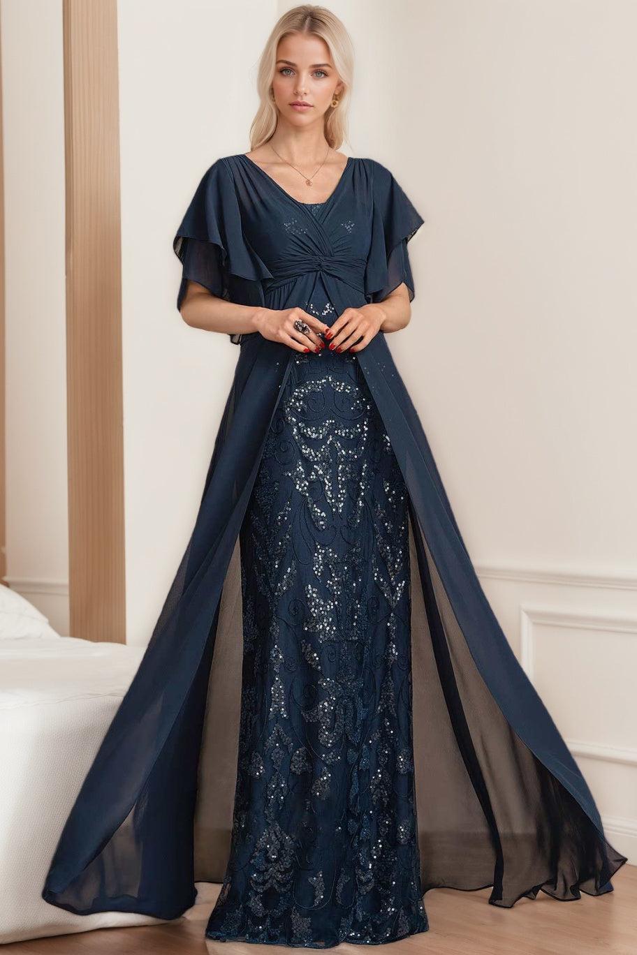 Plus Size Mother of the Bride A Line Long Dress with V Neck and Half Sleeves