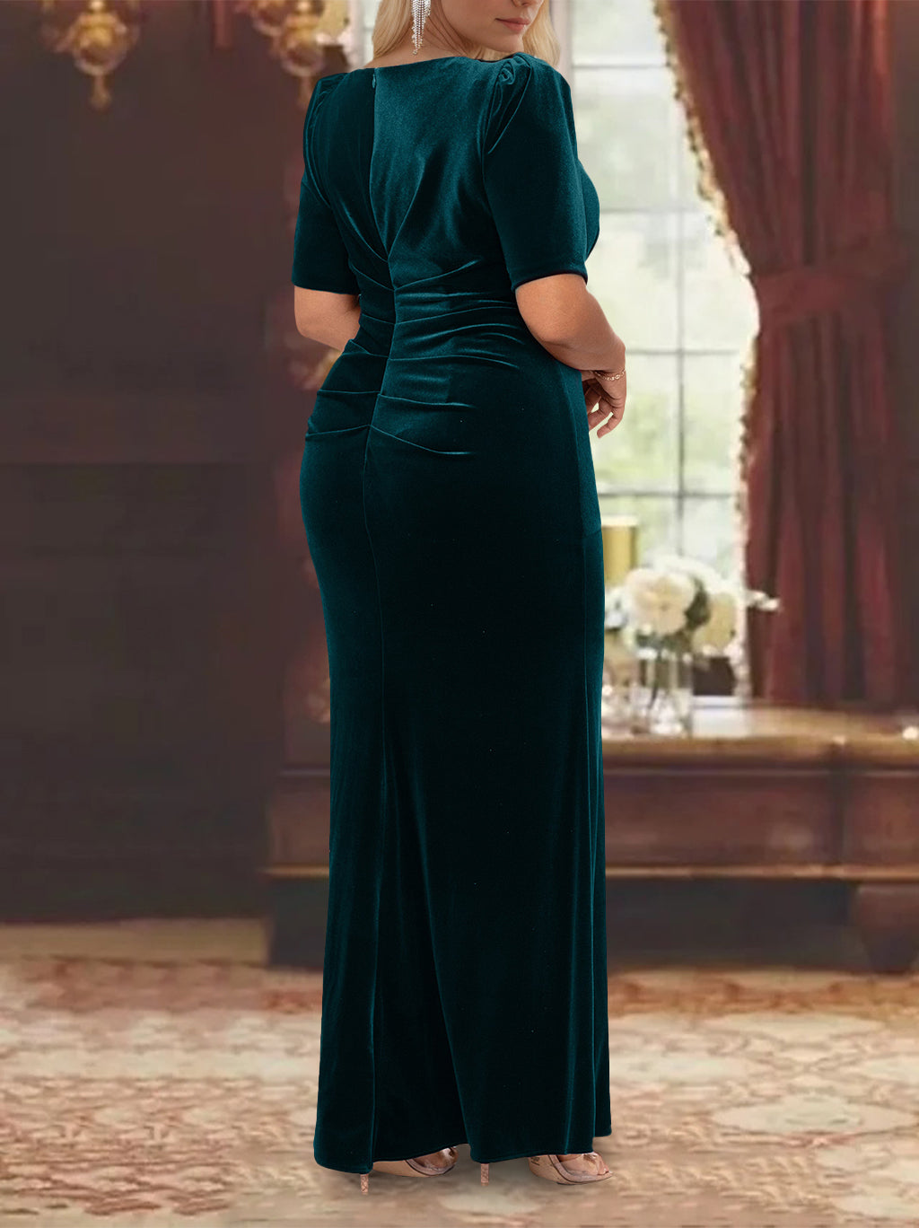 Plus Size Mother of the Bride A Line Dress with Scoop Neck Half Sleeves and Ruffles