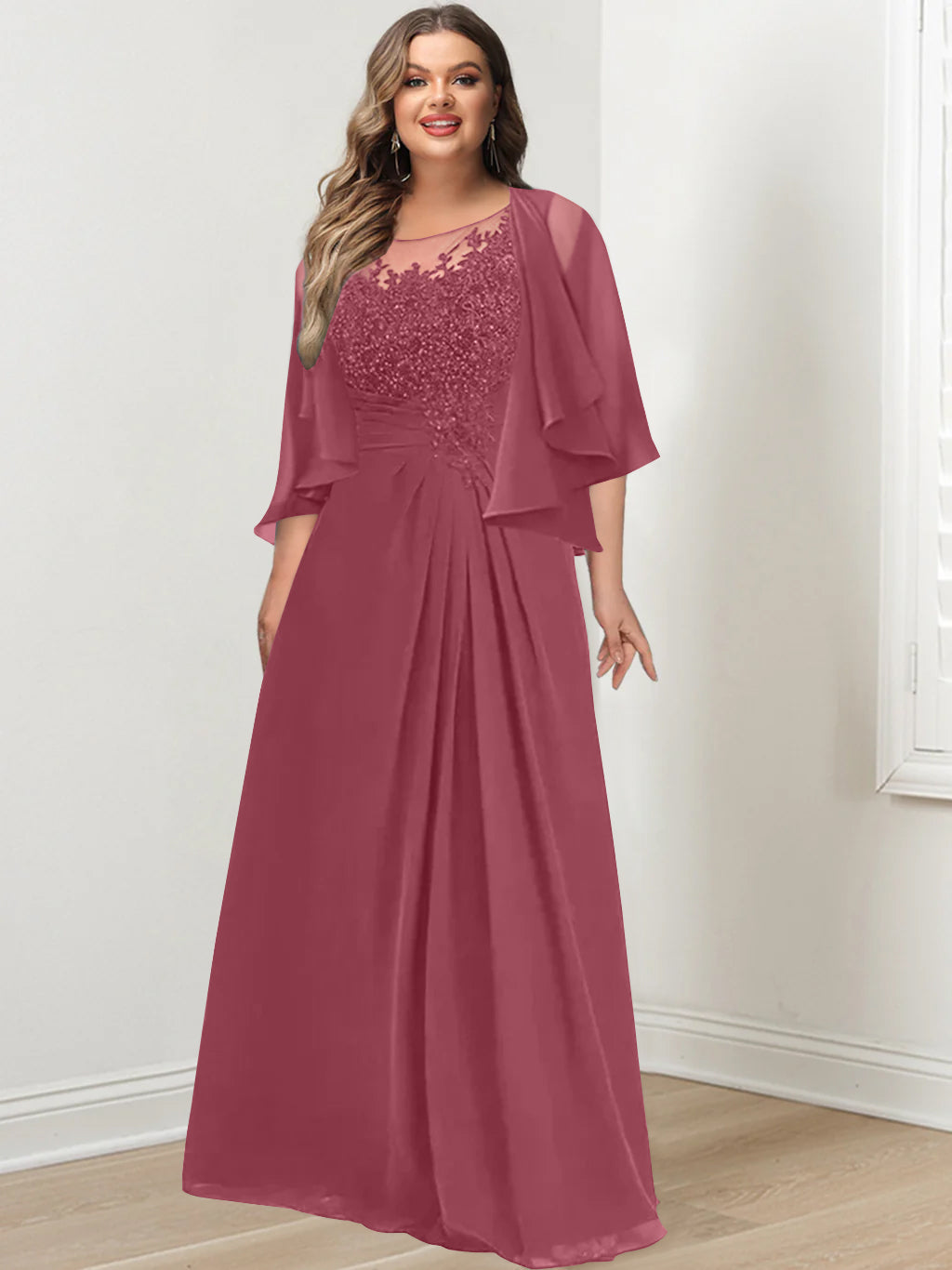 Plus Size Mother of the Bride A Line Scoop Long Dress with Pleated & Sequins