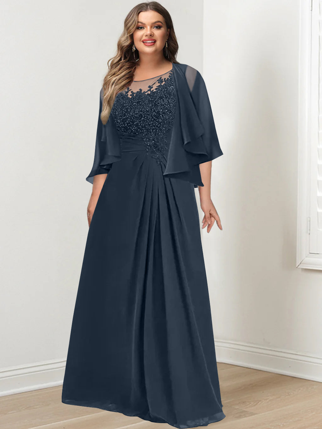 Plus Size Mother of the Bride A Line Scoop Long Dress with Pleated & Sequins
