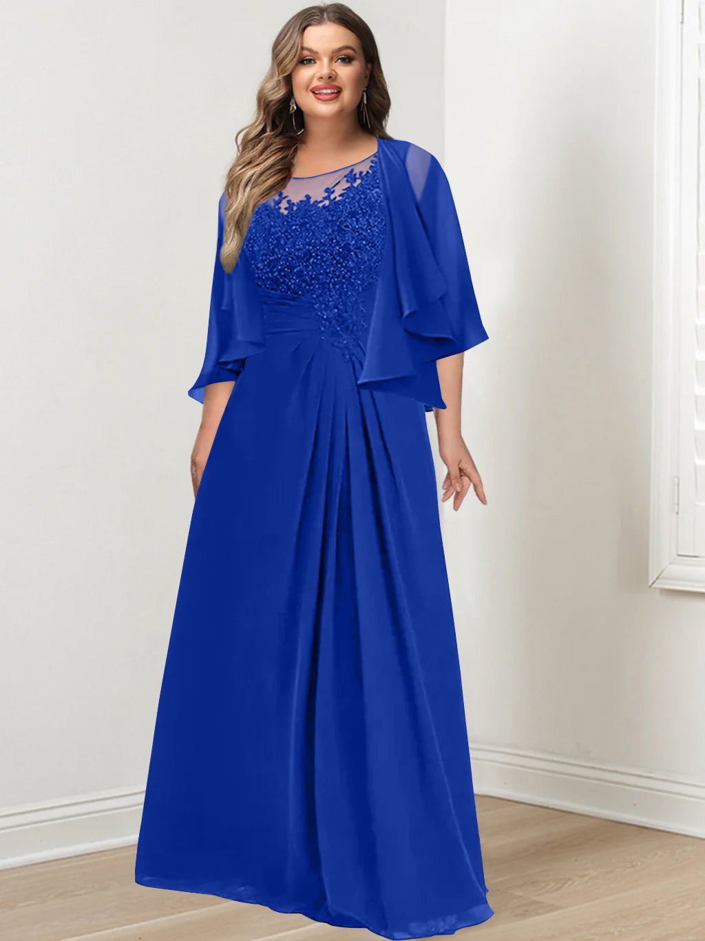 Plus Size Mother of the Bride A Line Scoop Long Dress with Pleated & Sequins