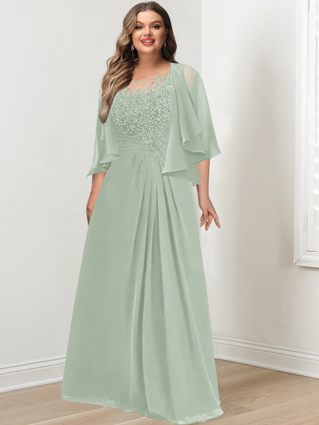 Plus Size Mother of the Bride A Line Scoop Long Dress with Pleated & Sequins