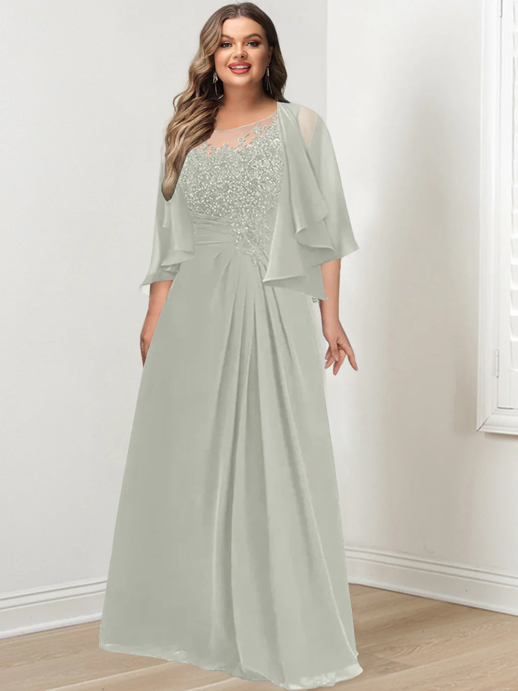 Plus Size Mother of the Bride A Line Scoop Long Dress with Pleated & Sequins