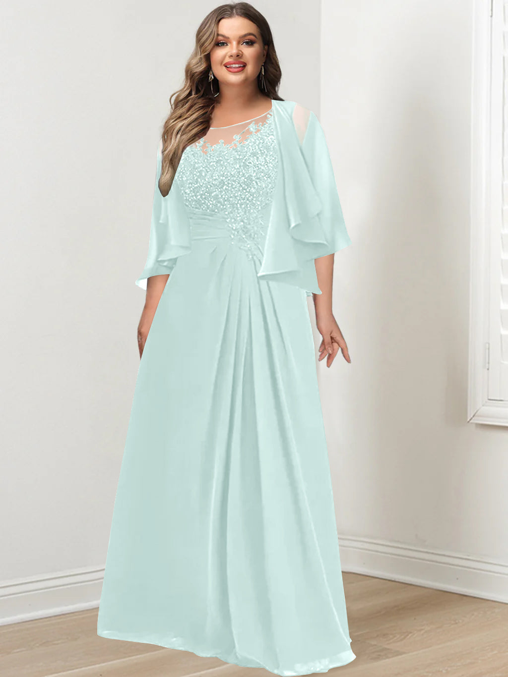 Plus Size Mother of the Bride A Line Scoop Long Dress with Pleated & Sequins