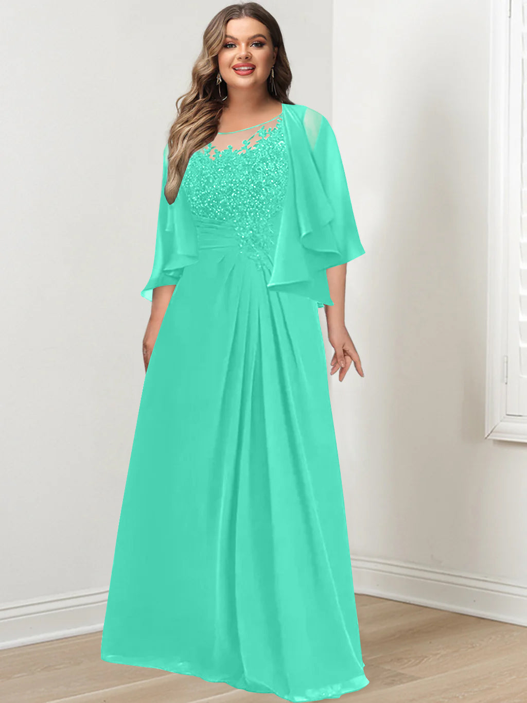 Plus Size Mother of the Bride A Line Scoop Long Dress with Pleated & Sequins