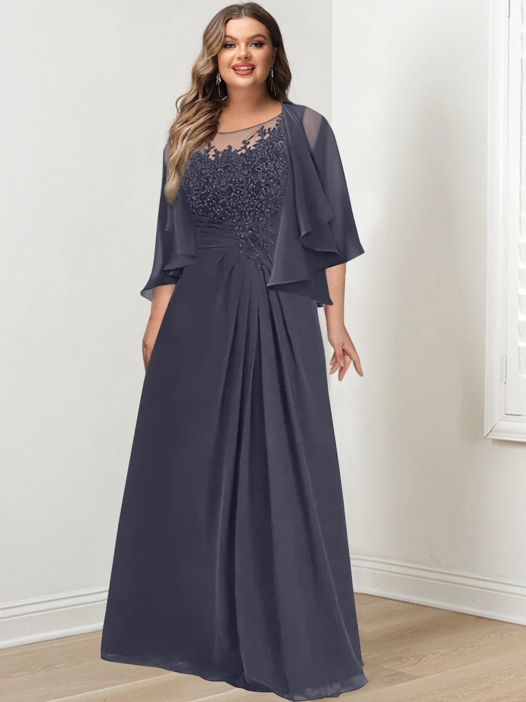 Plus Size Mother of the Bride A Line Scoop Long Dress with Pleated & Sequins