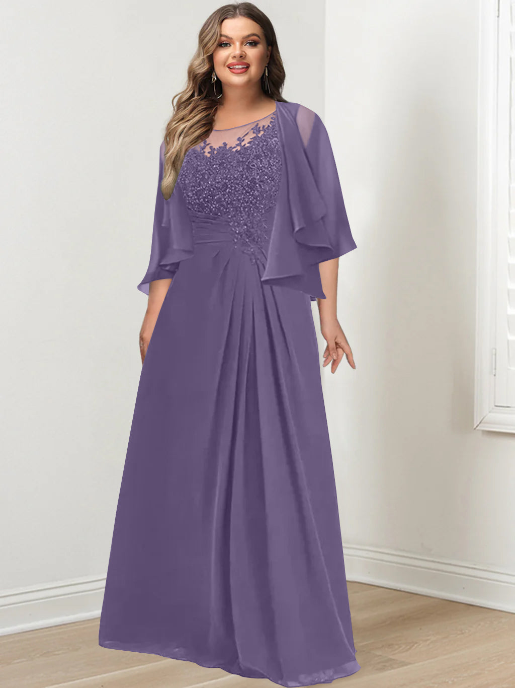 Plus Size Mother of the Bride A Line Scoop Long Dress with Pleated & Sequins