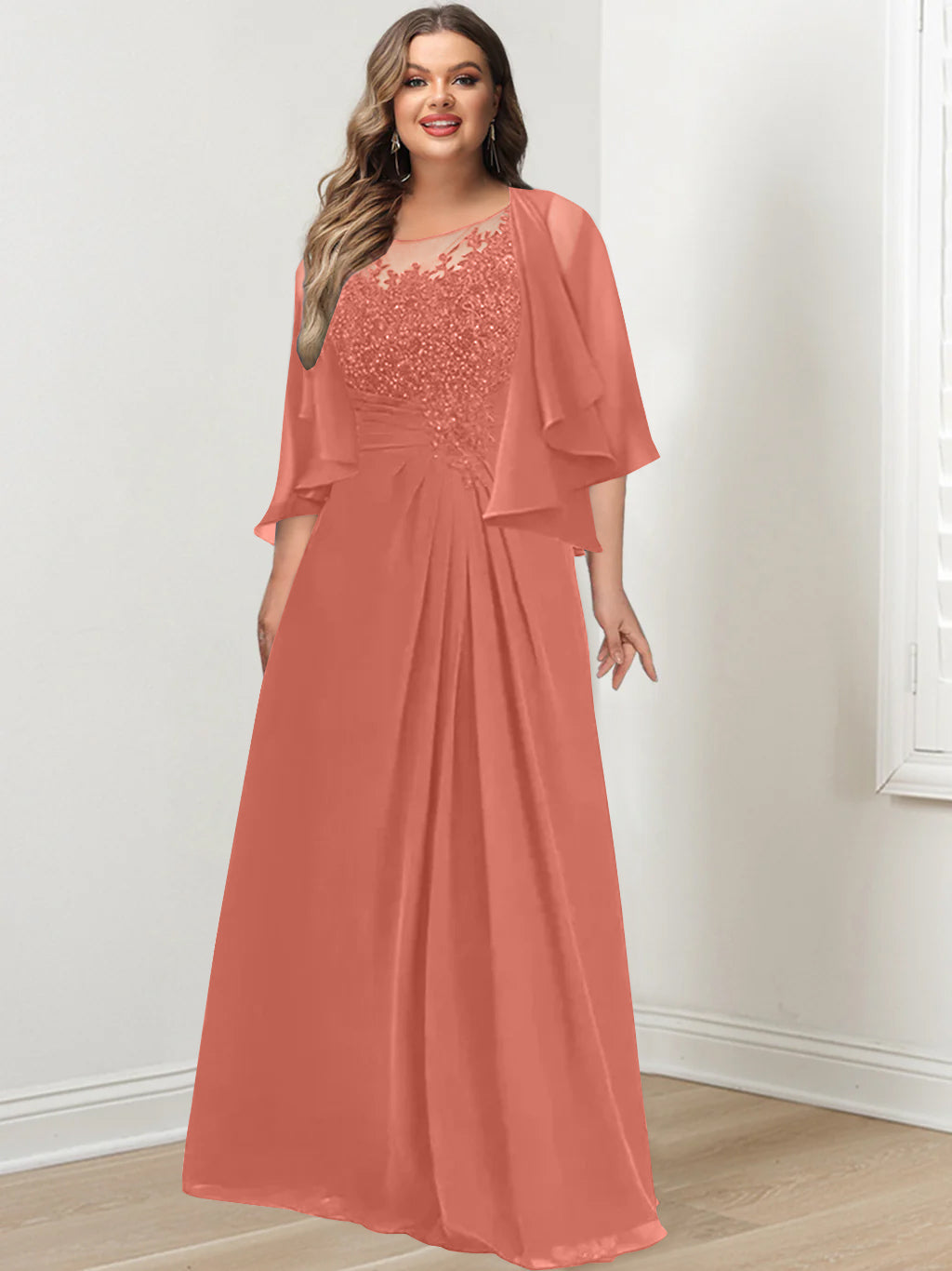 Plus Size Mother of the Bride A Line Scoop Long Dress with Pleated & Sequins