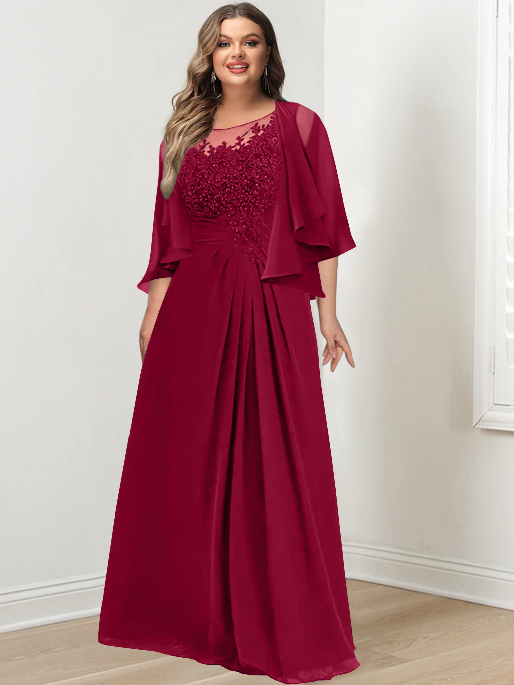 Plus Size Mother of the Bride A Line Scoop Long Dress with Pleated & Sequins