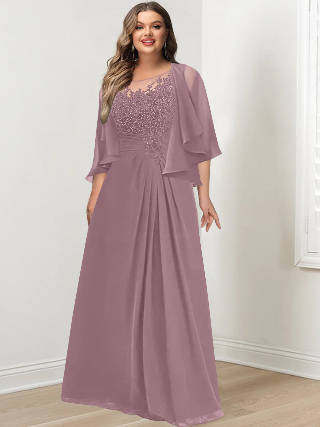 Plus Size Mother of the Bride A Line Scoop Long Dress with Pleated & Sequins