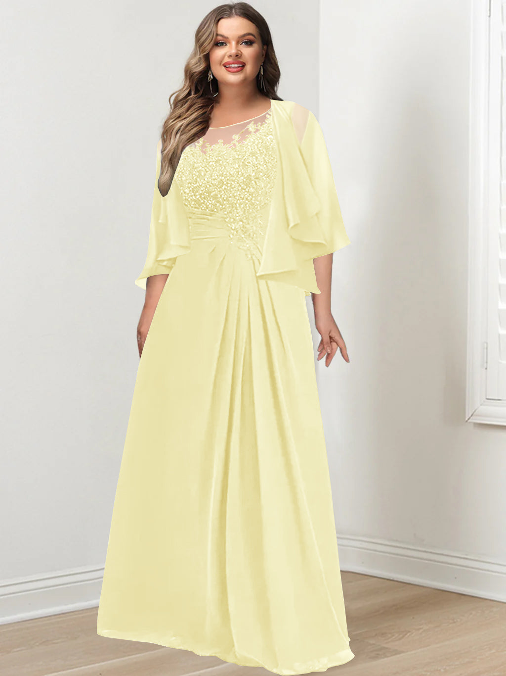 Plus Size Mother of the Bride A Line Scoop Long Dress with Pleated & Sequins