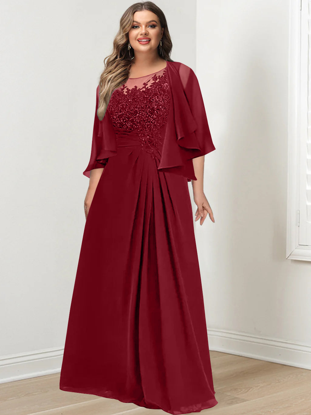 Plus Size Mother of the Bride A Line Scoop Long Dress with Pleated & Sequins