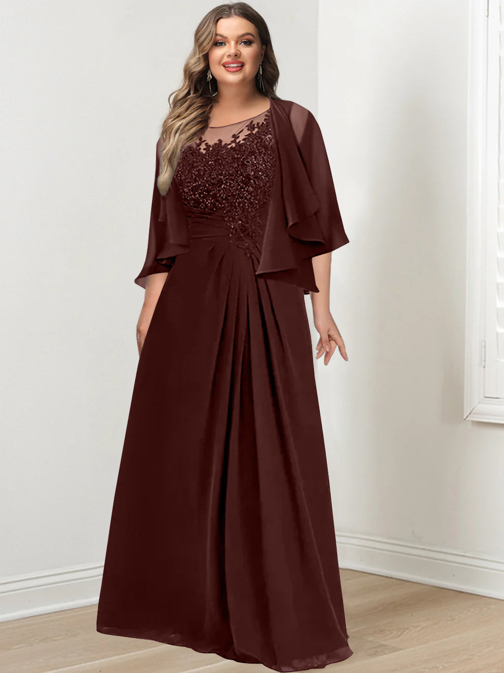 Plus Size Mother of the Bride A Line Scoop Long Dress with Pleated & Sequins
