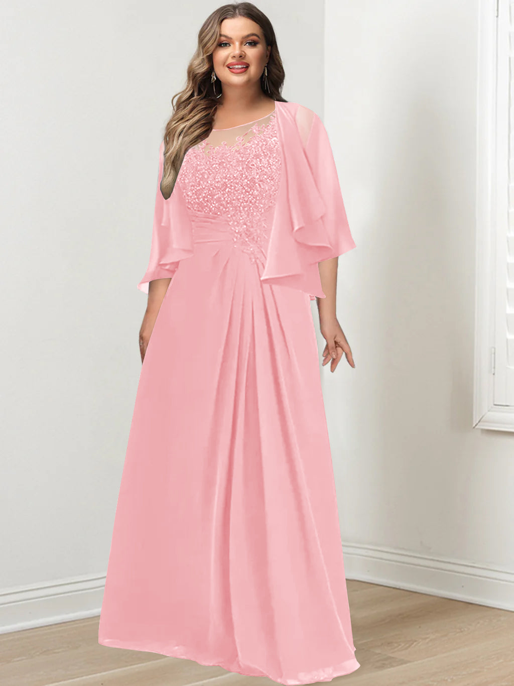 Plus Size Mother of the Bride A Line Scoop Long Dress with Pleated & Sequins