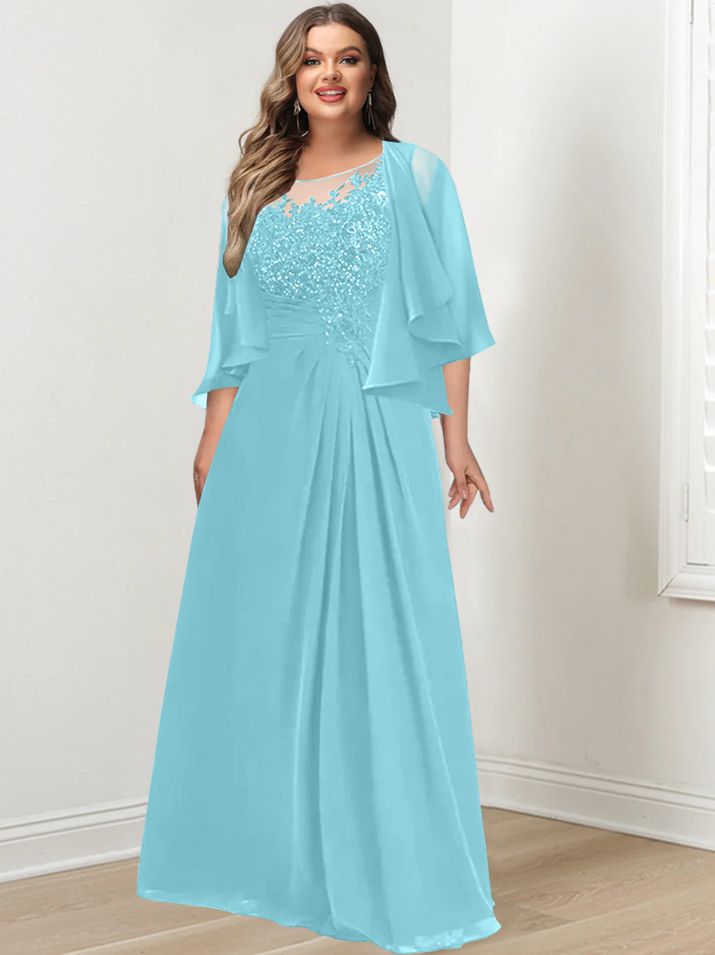 Plus Size Mother of the Bride A Line Scoop Long Dress with Pleated & Sequins