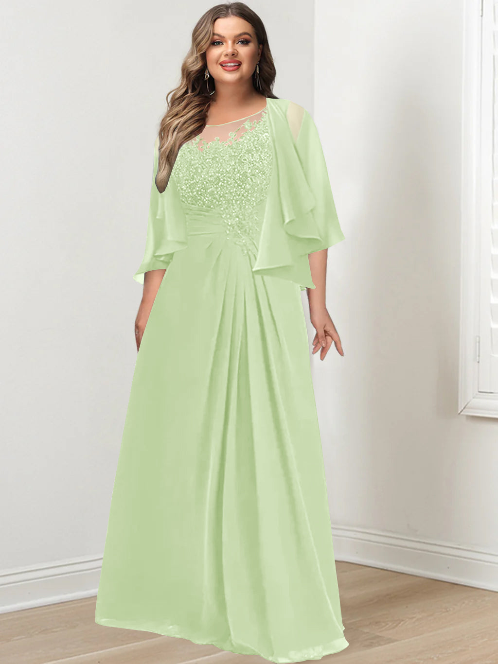 Plus Size Mother of the Bride A Line Scoop Long Dress with Pleated & Sequins