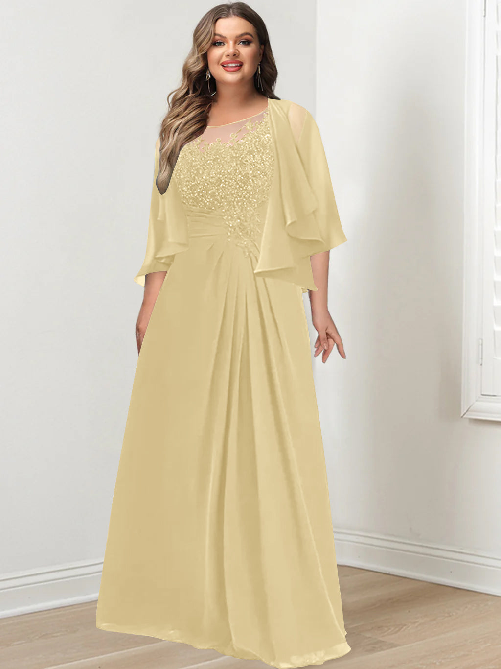 Plus Size Mother of the Bride A Line Scoop Long Dress with Pleated & Sequins