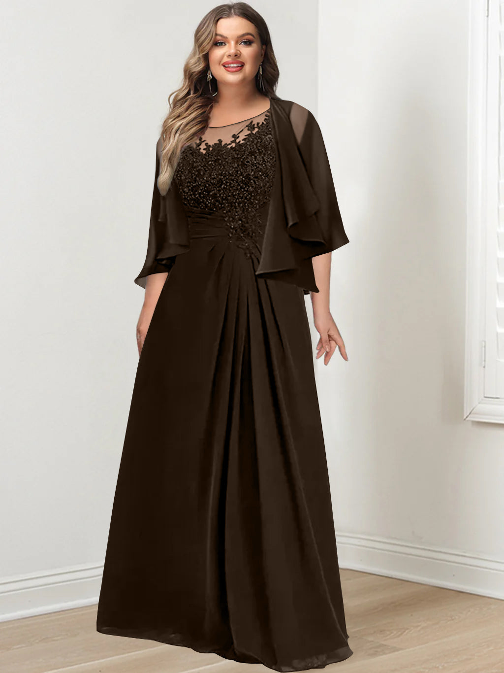Plus Size Mother of the Bride A Line Scoop Long Dress with Pleated & Sequins