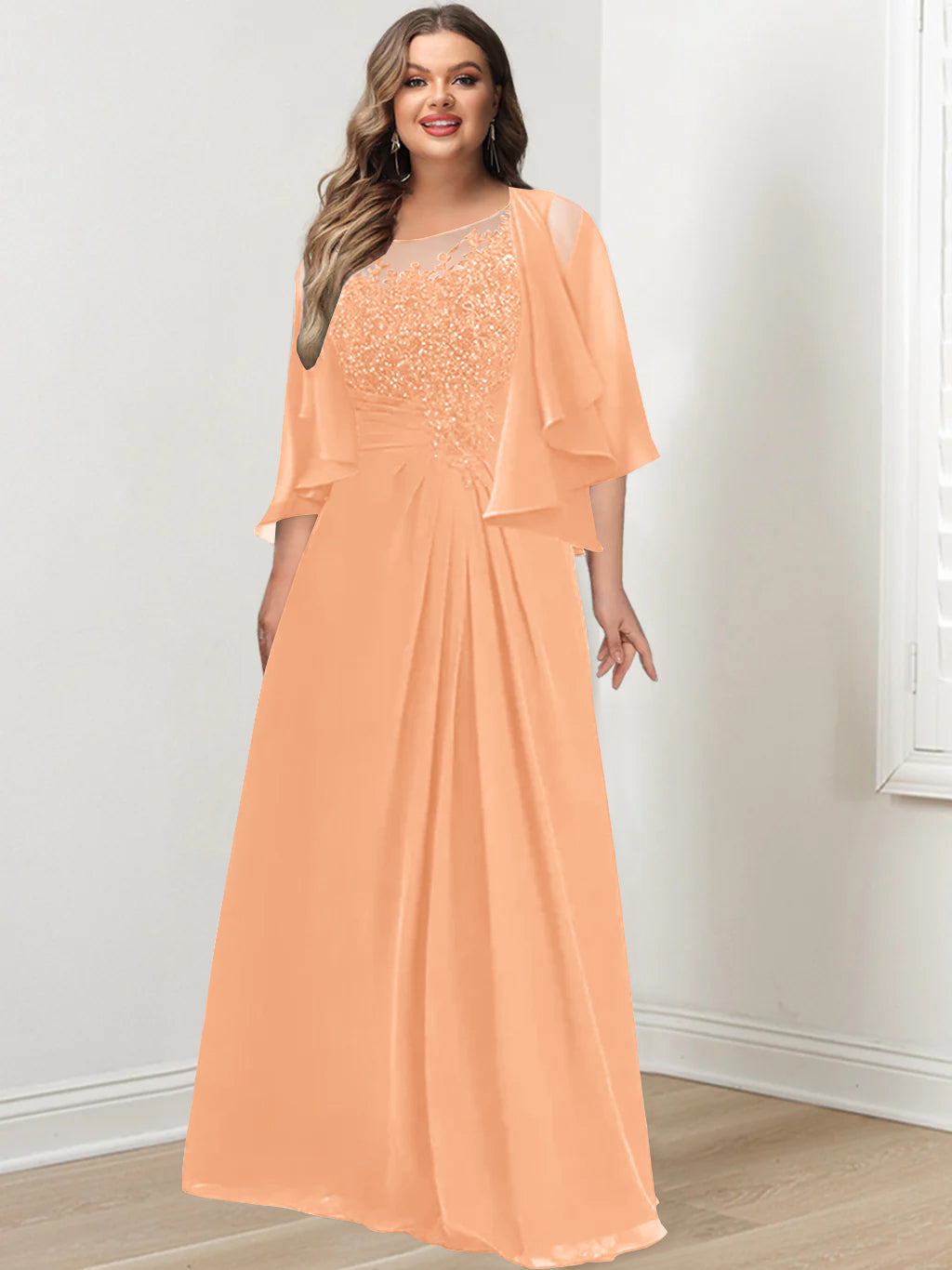 Plus Size Mother of the Bride A Line Scoop Long Dress with Pleated & Sequins